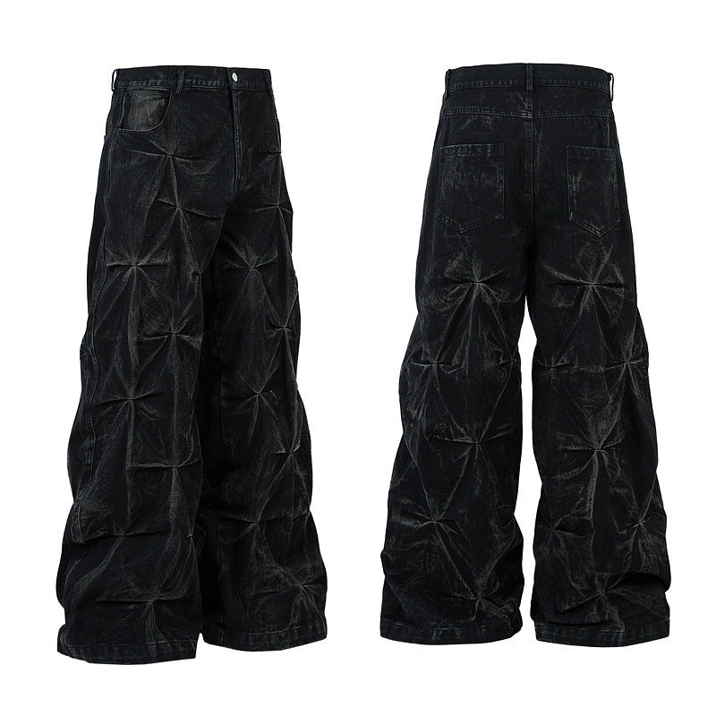 Wrinkled Wax-Coated Distressed Denim Pants with Hand Stitching