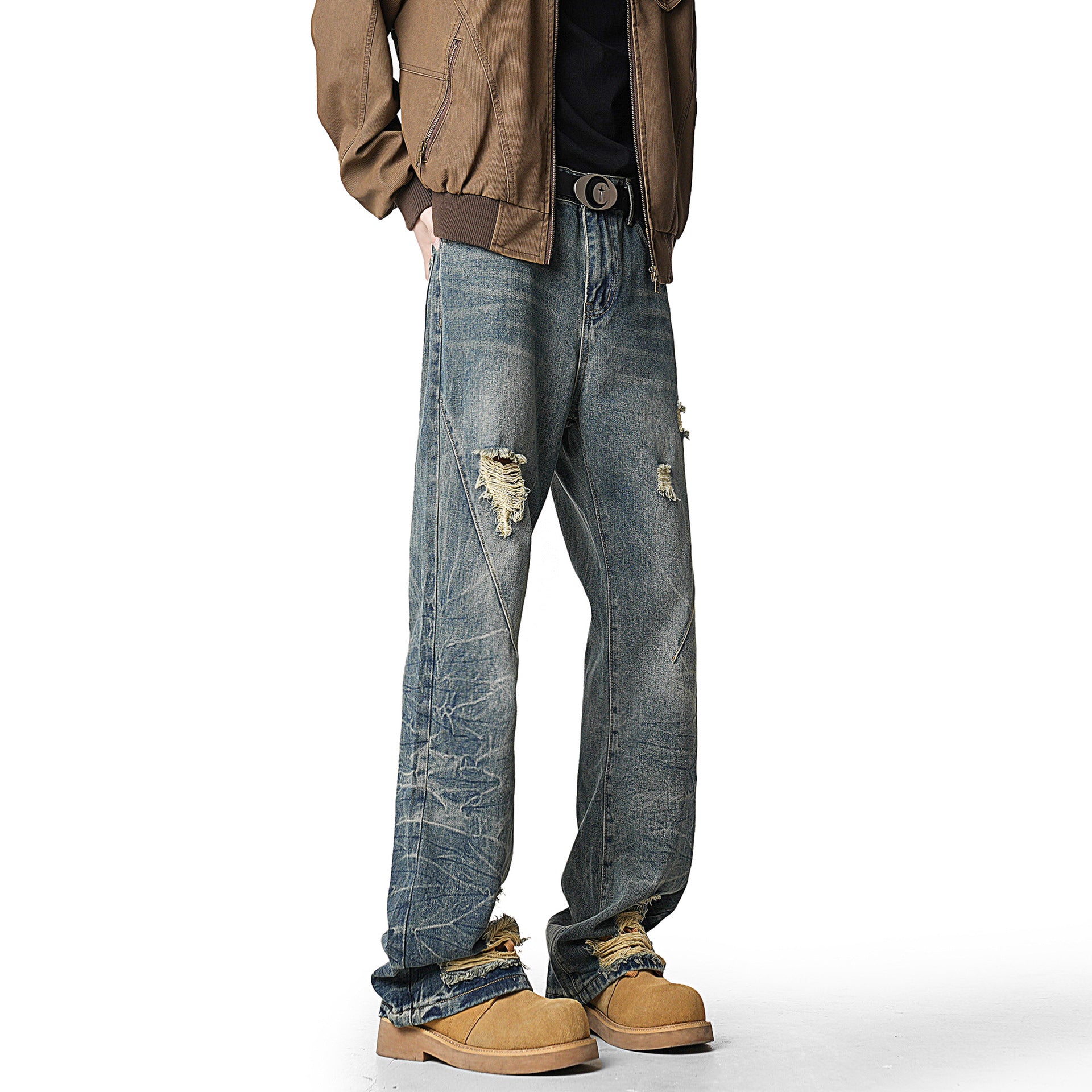 Vintage Ripped Flared Straight-Leg Denim Pants
