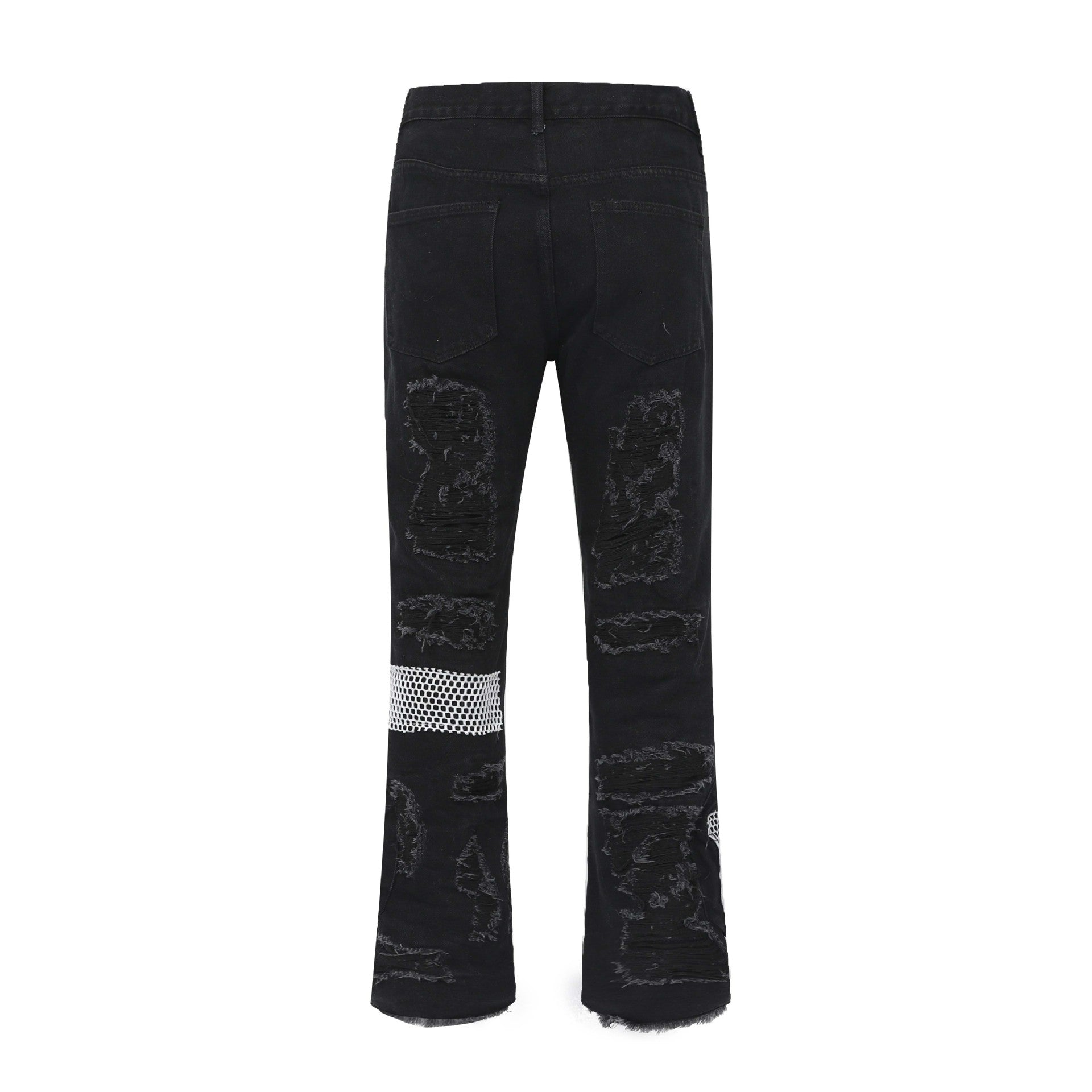 Retro Patch Mesh Destroyed Whiskered Wide-Leg Jeans