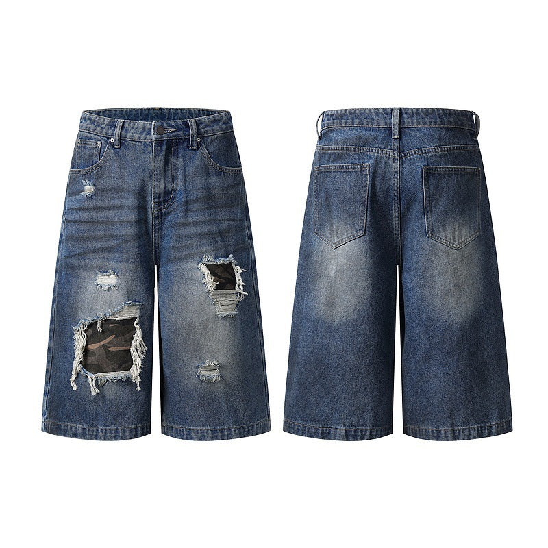 Loose Fit Ripped Denim Shorts with Camouflage Patchwork