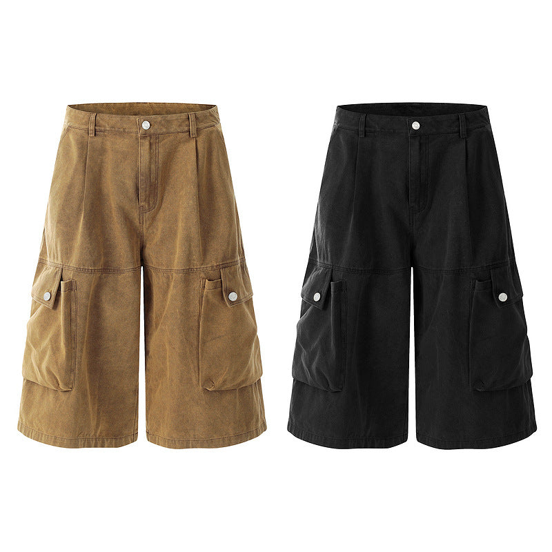 Vintage Washed Straight-Leg Cargo Shorts with Pocket Detail