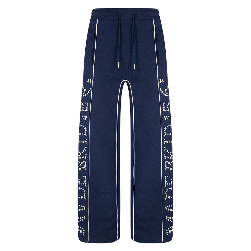 Vintage Letter Beaded Straight-Leg Pants