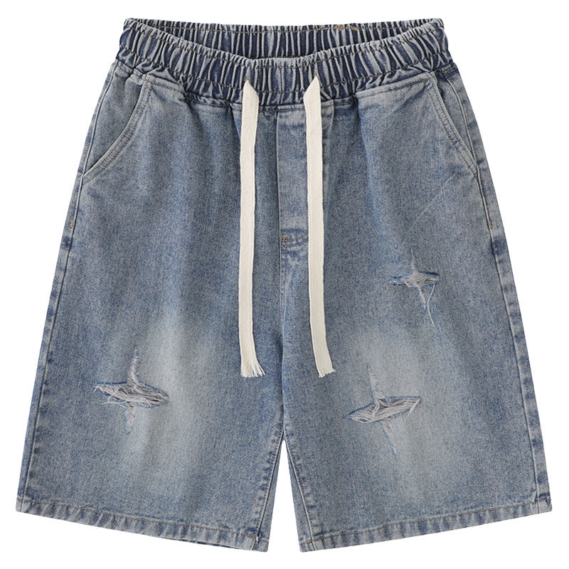 Vintage Distressed Whisker-Wash Denim Shorts