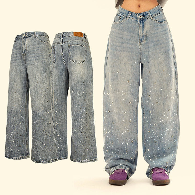 Vintage Loose Fit Denim Pants with Rhinestone Details