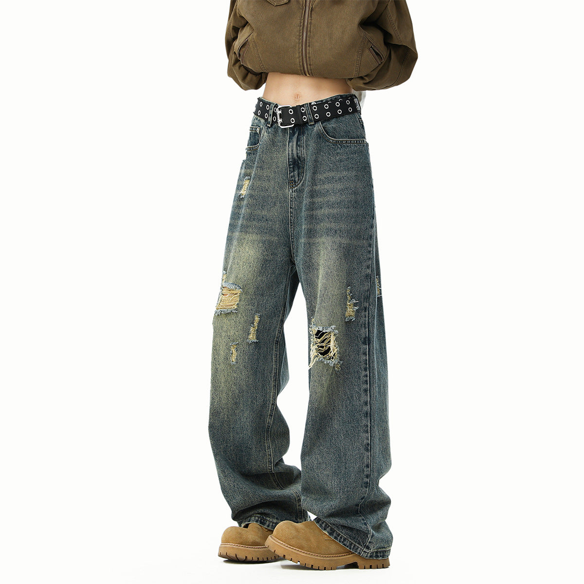 Washed Distressed Loose Straight-Leg Jeans
