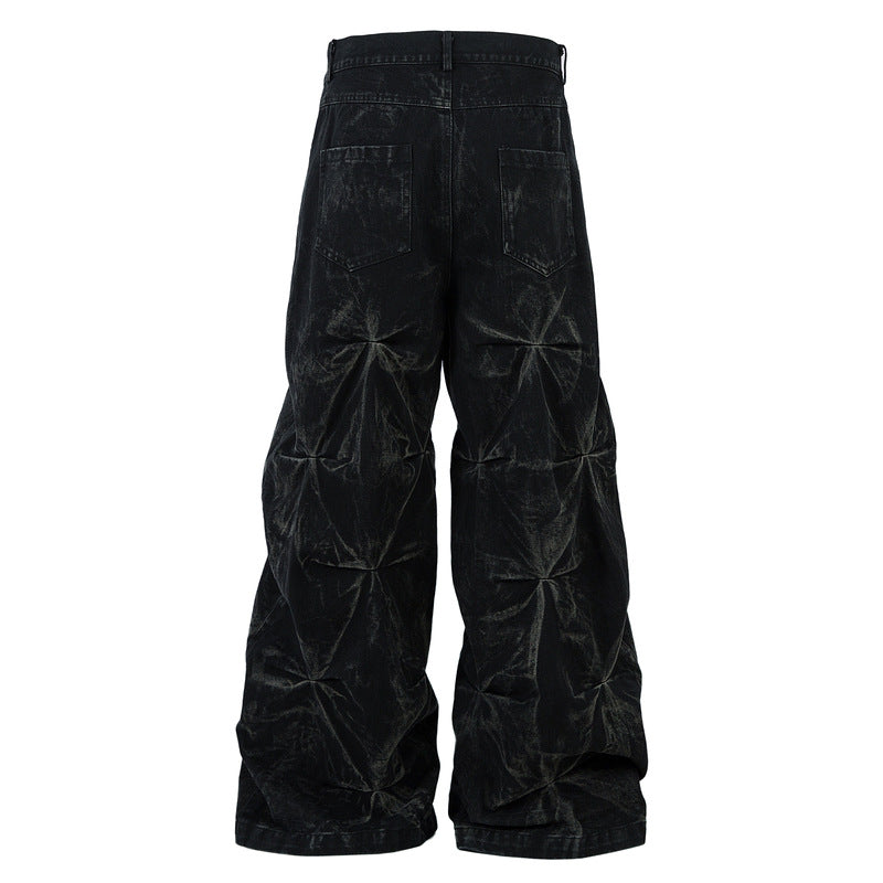 Wrinkled Wax-Coated Distressed Denim Pants with Hand Stitching