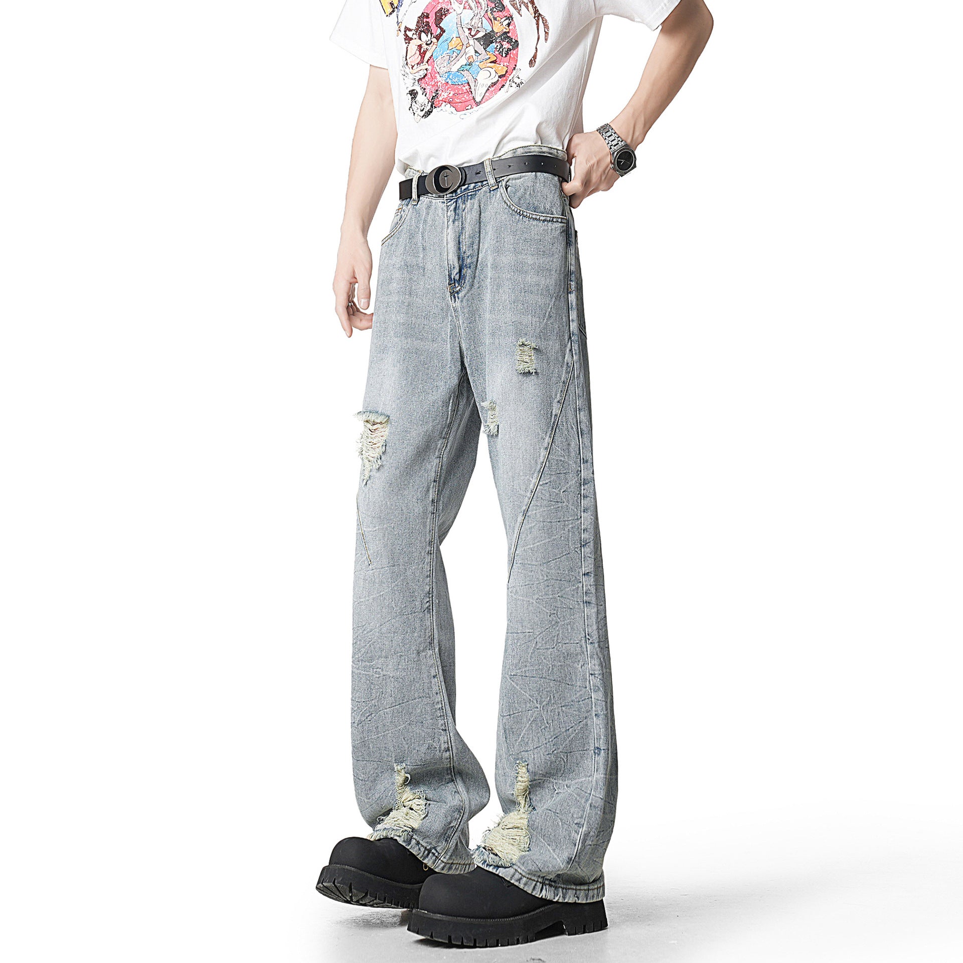 Vintage Ripped Flared Straight-Leg Denim Pants