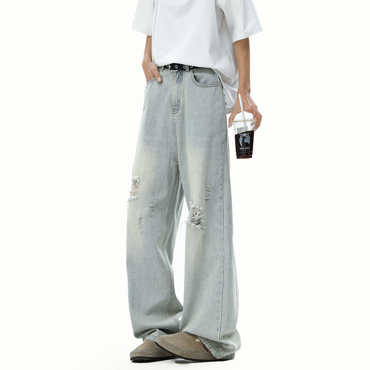 Washed Distressed Loose Straight-Leg Jeans