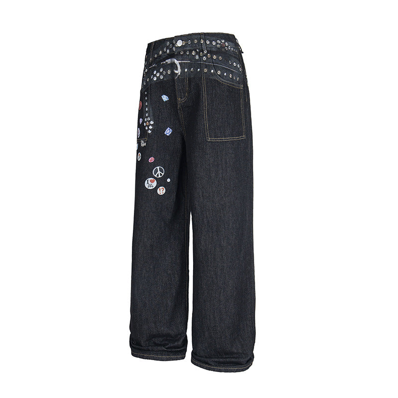 Low-Rise Badge Detail Wide-Leg Jeans
