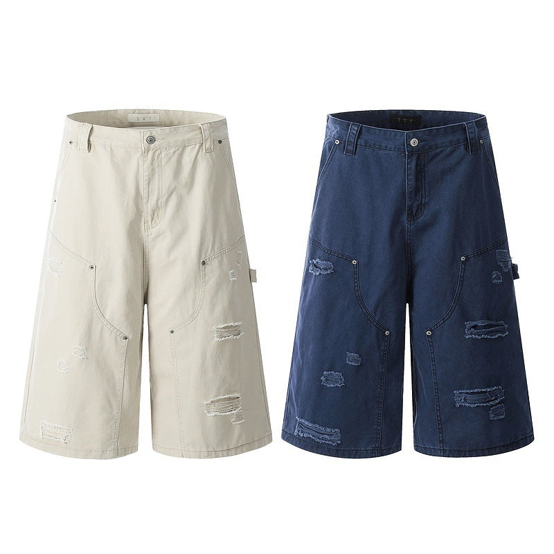 Distressed Washed Loose Fit Utility Shorts