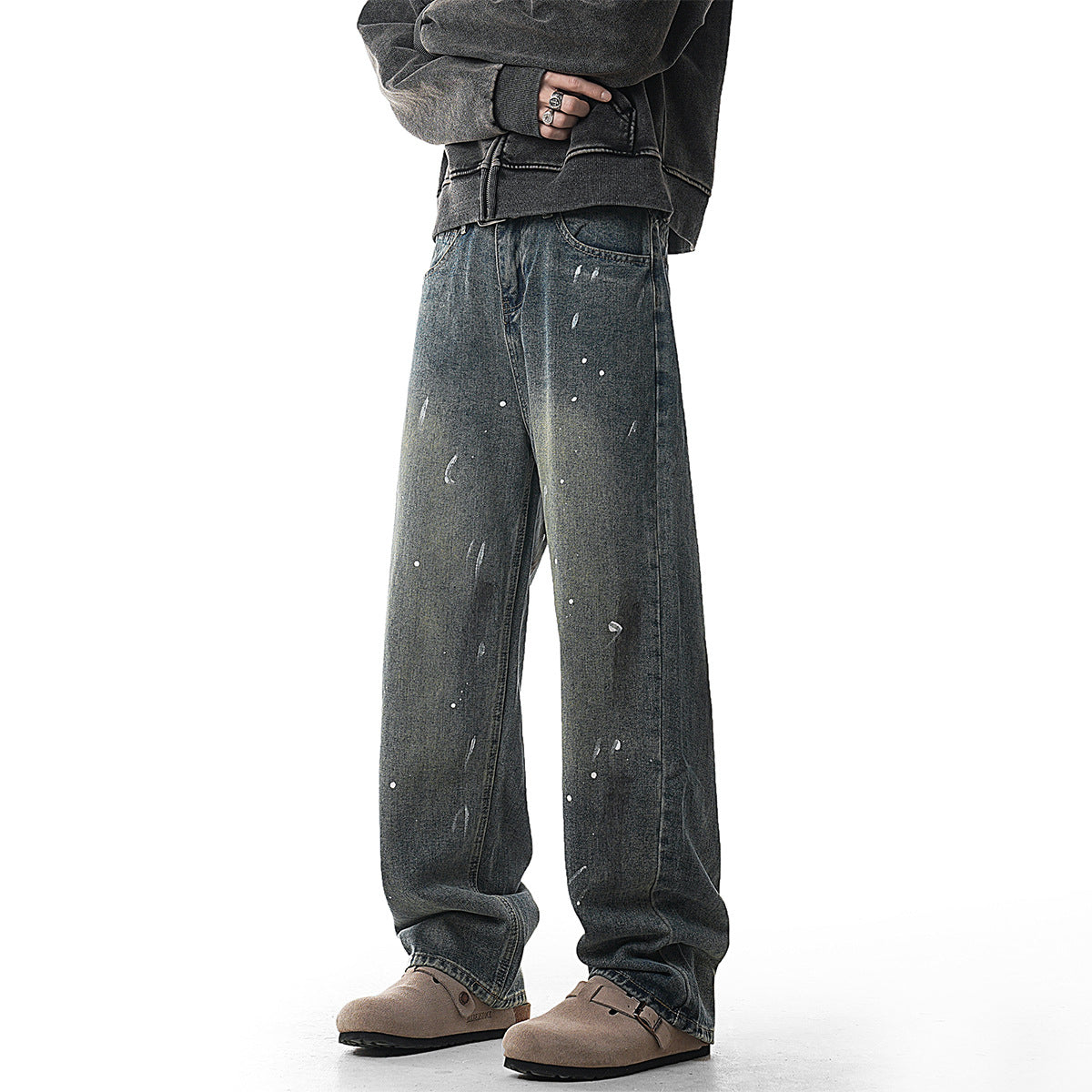 Paint-Splatter Washed Loose Straight Denim Pants