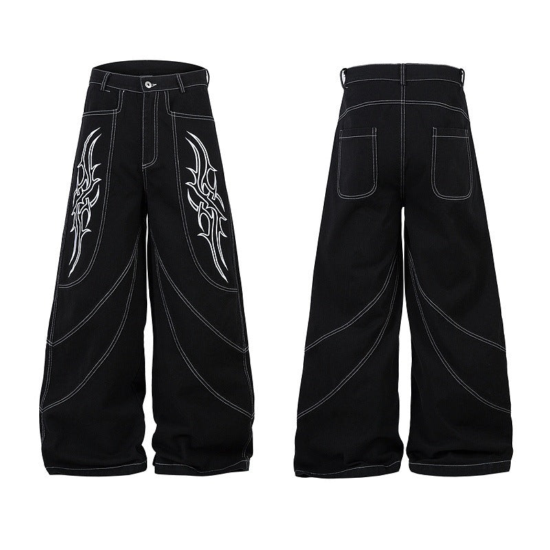 Totem Wings Embroidered Wide-Leg Denim Pants