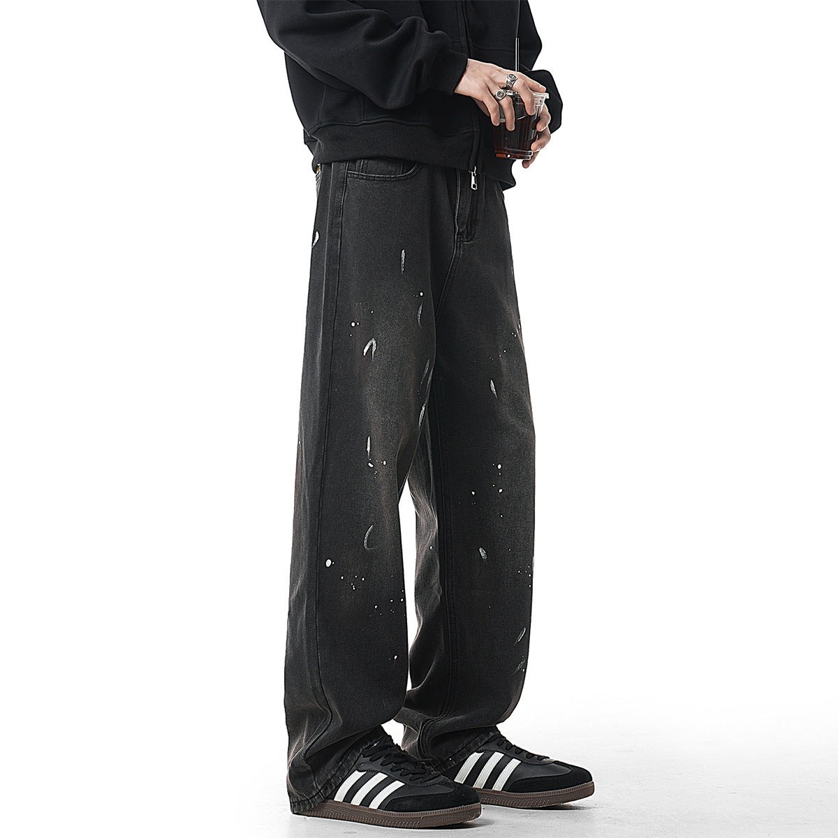 Paint-Splatter Washed Loose Straight Denim Pants