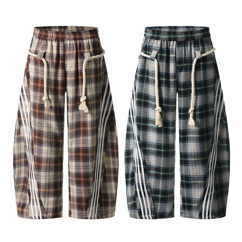 Vintage Plaid Drawstring Wide-Leg Pants