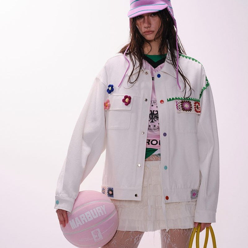 Retro College Patchwork Embroidery Jacket with Handmade Crochet Floral Decor