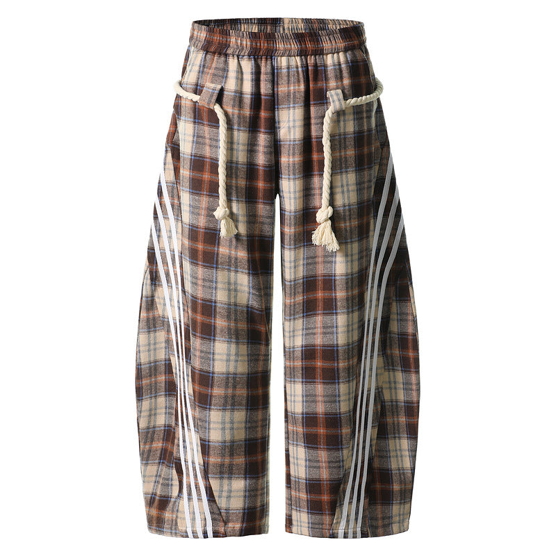 Vintage Plaid Drawstring Wide-Leg Pants