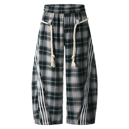 Vintage Plaid Drawstring Wide-Leg Pants