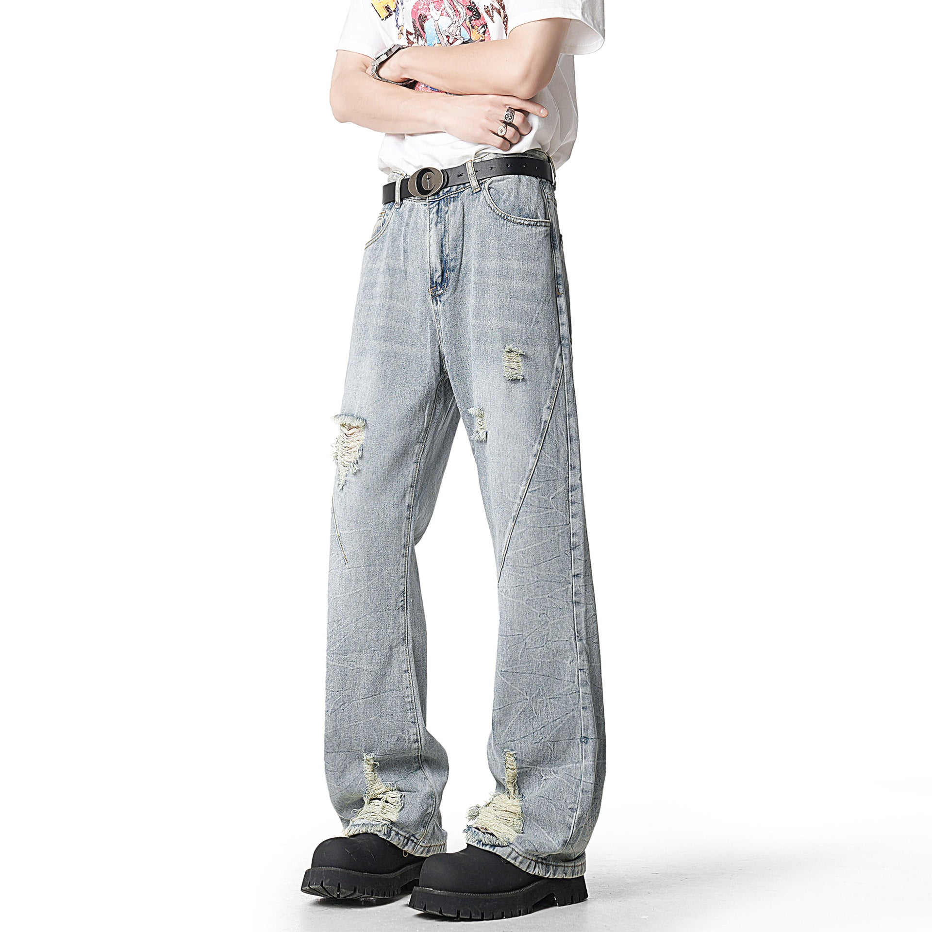 Vintage Ripped Flared Straight-Leg Denim Pants