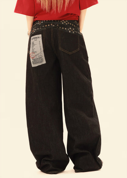 Low-Rise Badge Detail Wide-Leg Jeans