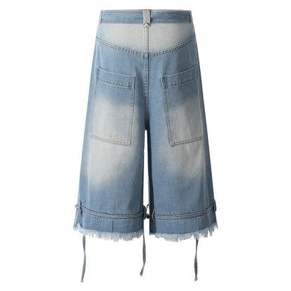 Distressed Washed Blue Denim Shorts with Drawstring Detail