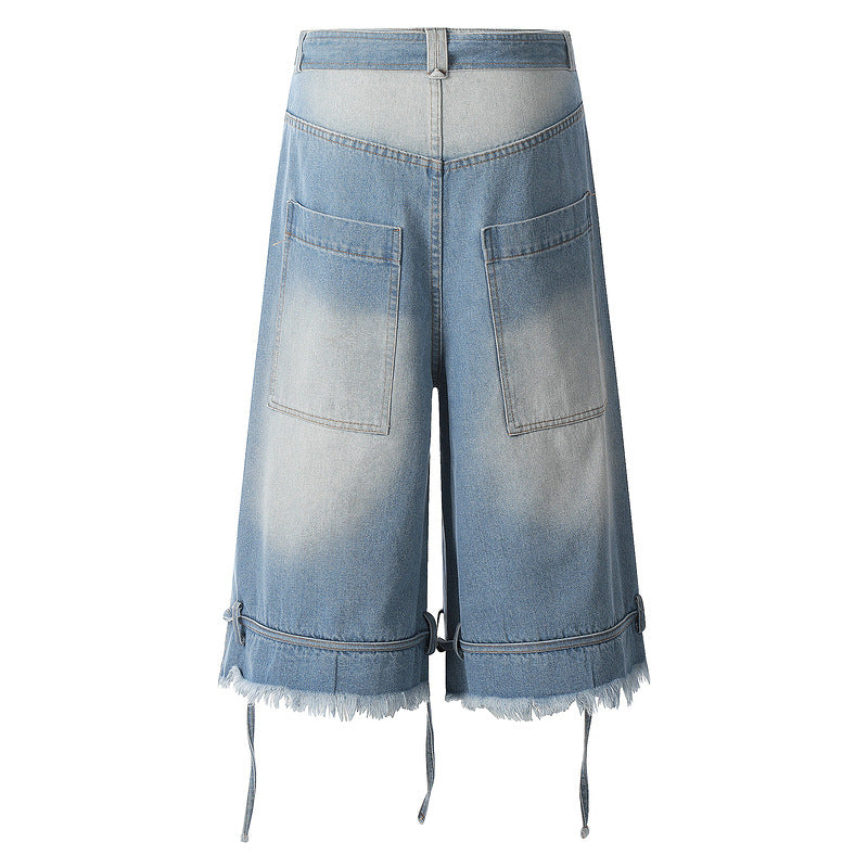 Distressed Washed Blue Denim Shorts with Drawstring Detail