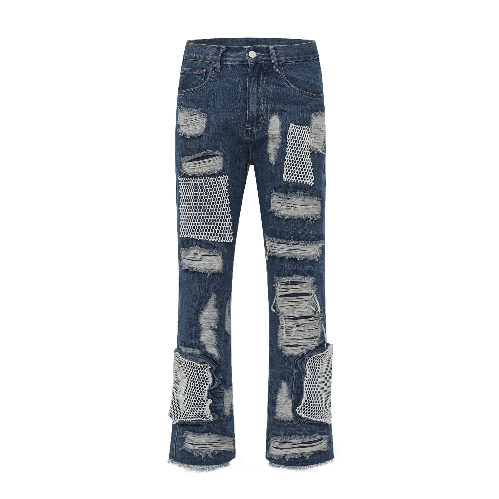 Retro Patch Mesh Destroyed Whiskered Wide-Leg Jeans