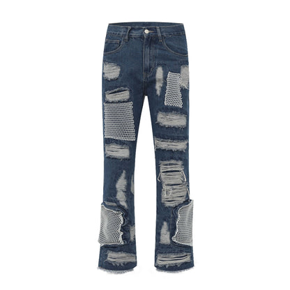 Retro Patch Mesh Destroyed Whiskered Wide-Leg Jeans