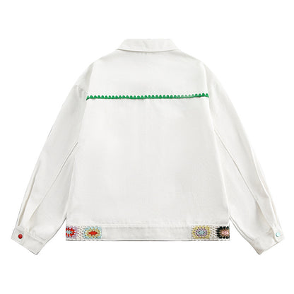 Retro College Patchwork Embroidery Jacket with Handmade Crochet Floral Decor