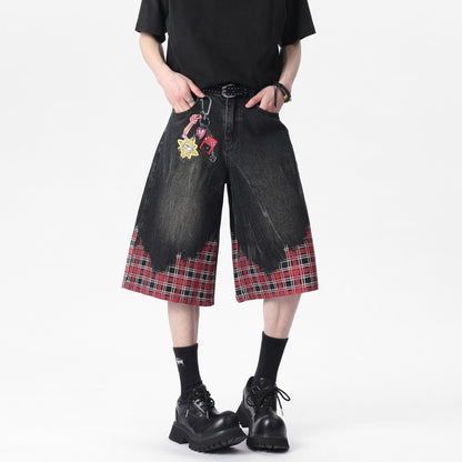 Distressed Plaid Patchwork Vintage Denim Shorts