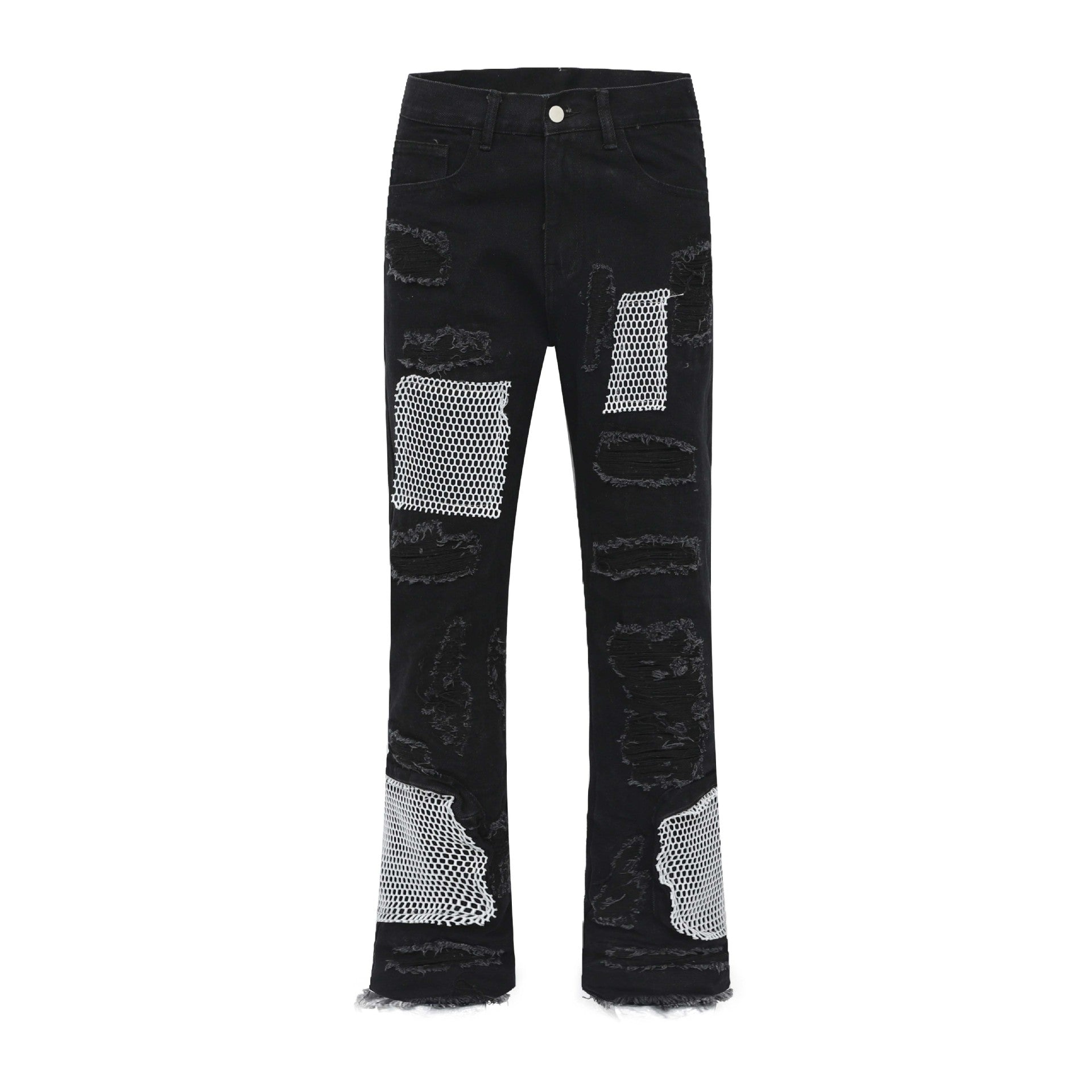 Retro Patch Mesh Destroyed Whiskered Wide-Leg Jeans