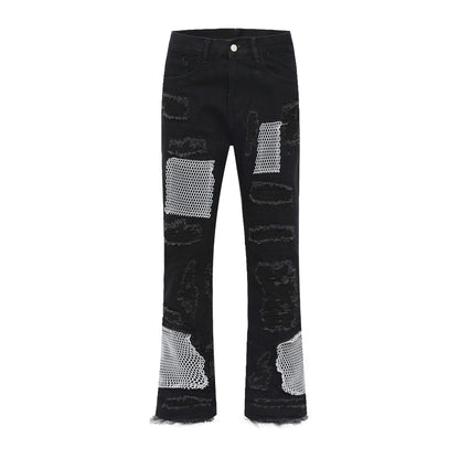 Retro Patch Mesh Destroyed Whiskered Wide-Leg Jeans