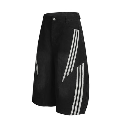 Washed Striped Wide-Leg Curved-Cut Banana Shorts