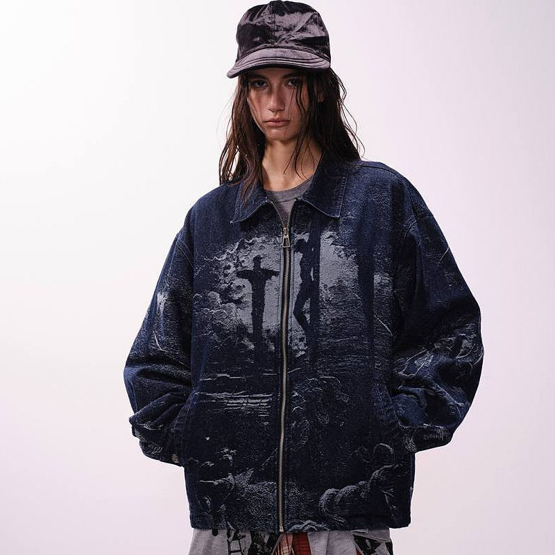 Retro Distressed Denim Jacket with Back Print – Dark Wash Hip-Hop Style
