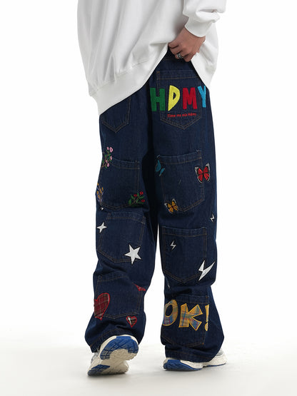 Vintage Washed Denim Pants with Embroidered Letter & Butterfly Patches