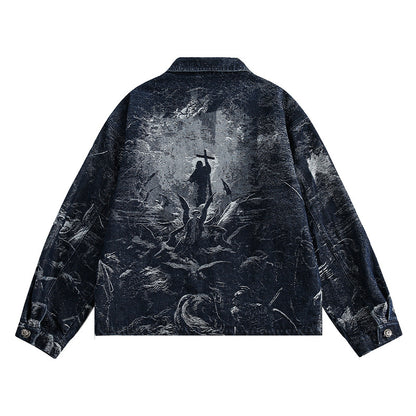 Retro Distressed Denim Jacket with Back Print – Dark Wash Hip-Hop Style