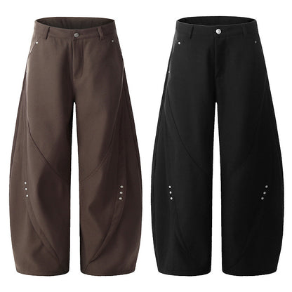 Retro Rivet Curved-Cut Wide-Leg Cargo Pants