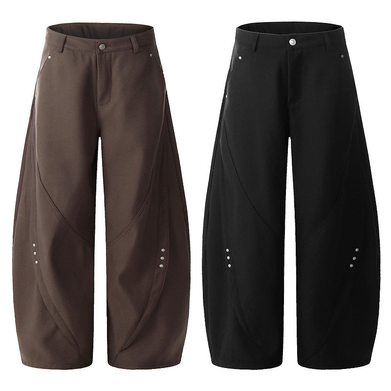 Retro Rivet Curved-Cut Wide-Leg Cargo Pants
