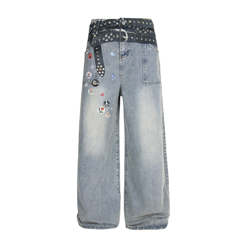 Low-Rise Badge Detail Wide-Leg Jeans