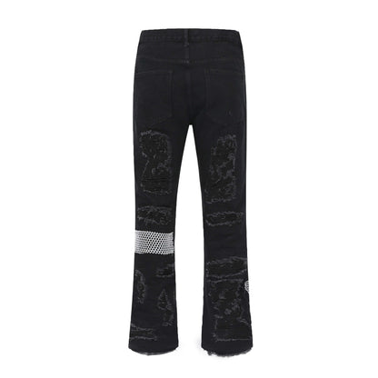 Retro Patch Mesh Destroyed Whiskered Wide-Leg Jeans