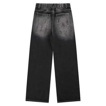 Vintage Washed Straight-Leg Jeans with Draped Wide-Leg Fit