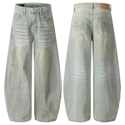 Retro Banana-Cut Distressed Washed Denim Pants