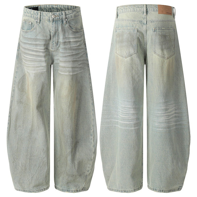 Retro Banana-Cut Distressed Washed Denim Pants