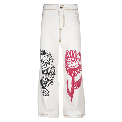 Cartoon Print Loose Straight-Leg Jeans