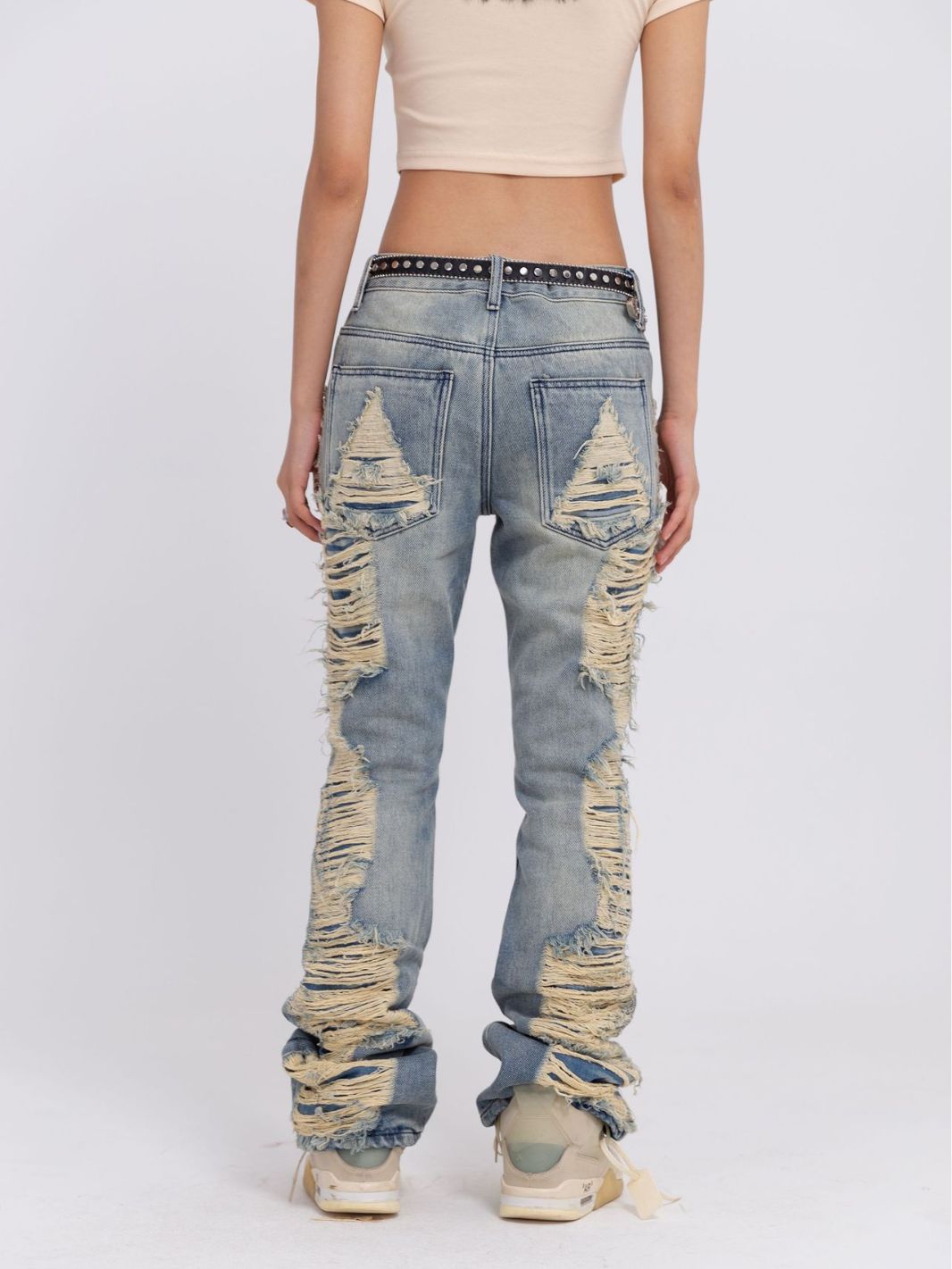 Hand-Distressed Whiskered Flared Ripped Jeans