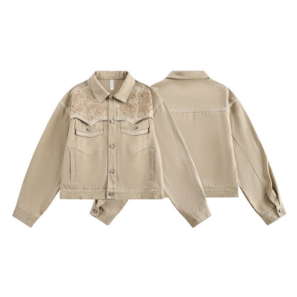 Short Embroidered Denim Jacket – Vintage Mocha Look