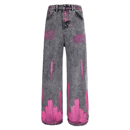 Pink Spray Paint Hip-Hop Vintage Denim Pants