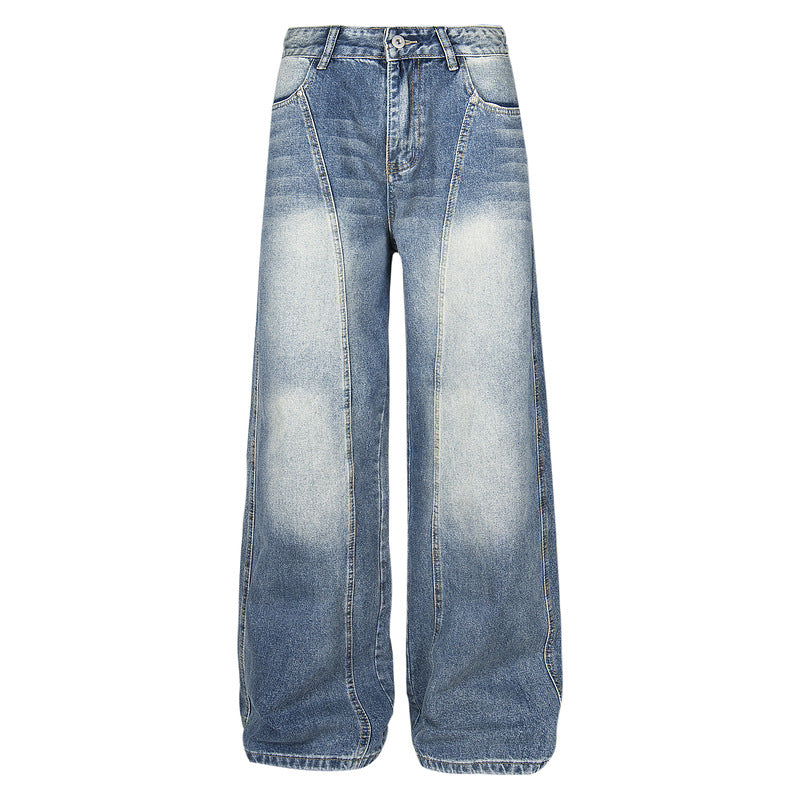 Washed Patchwork Loose Lightning Pleated Denim Pants