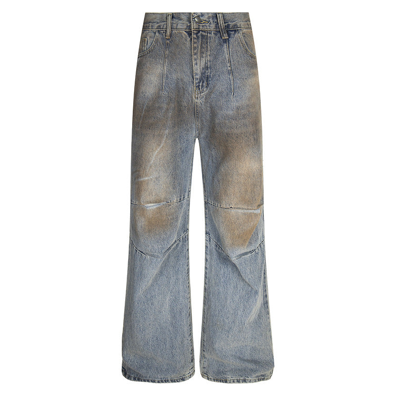 Vintage Dirty-Wash Straight Denim Pants – Loose Fit Wide-Leg Jeans