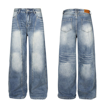 Washed Patchwork Loose Lightning Pleated Denim Pants
