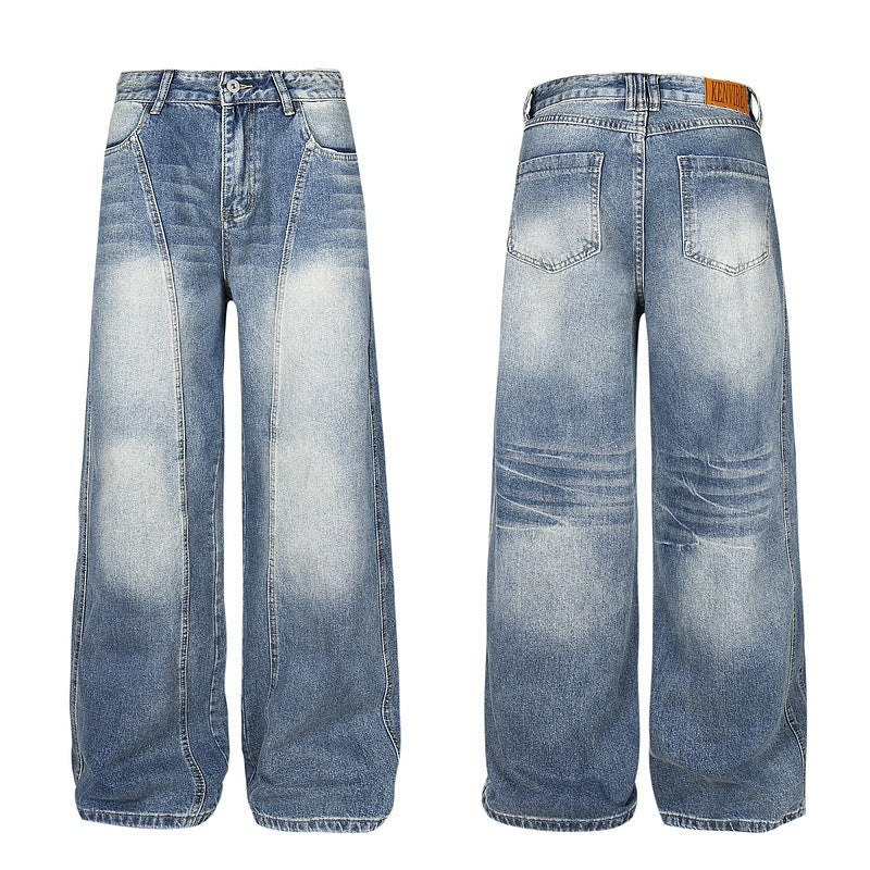 Washed Patchwork Loose Lightning Pleated Denim Pants